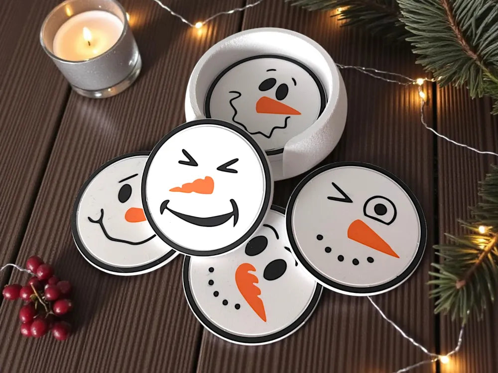 Funny Snowman Coasters With Holder (Six Faces)