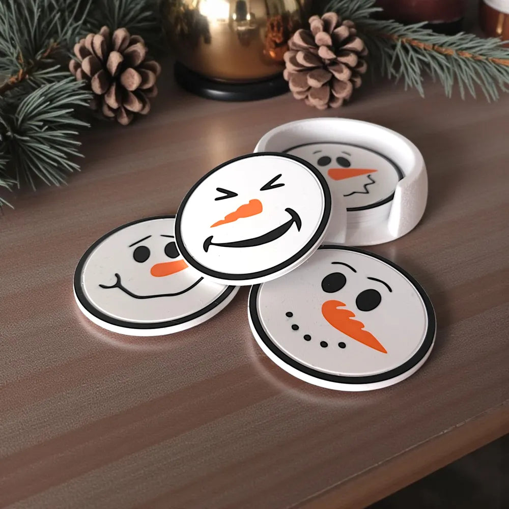 Funny Snowman Coasters With Holder (Six Faces)