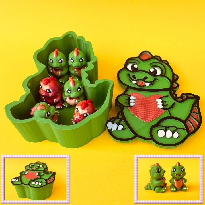 Articulated Fidget Flexi Dinosaur Holding Heart & Dino Storage Box