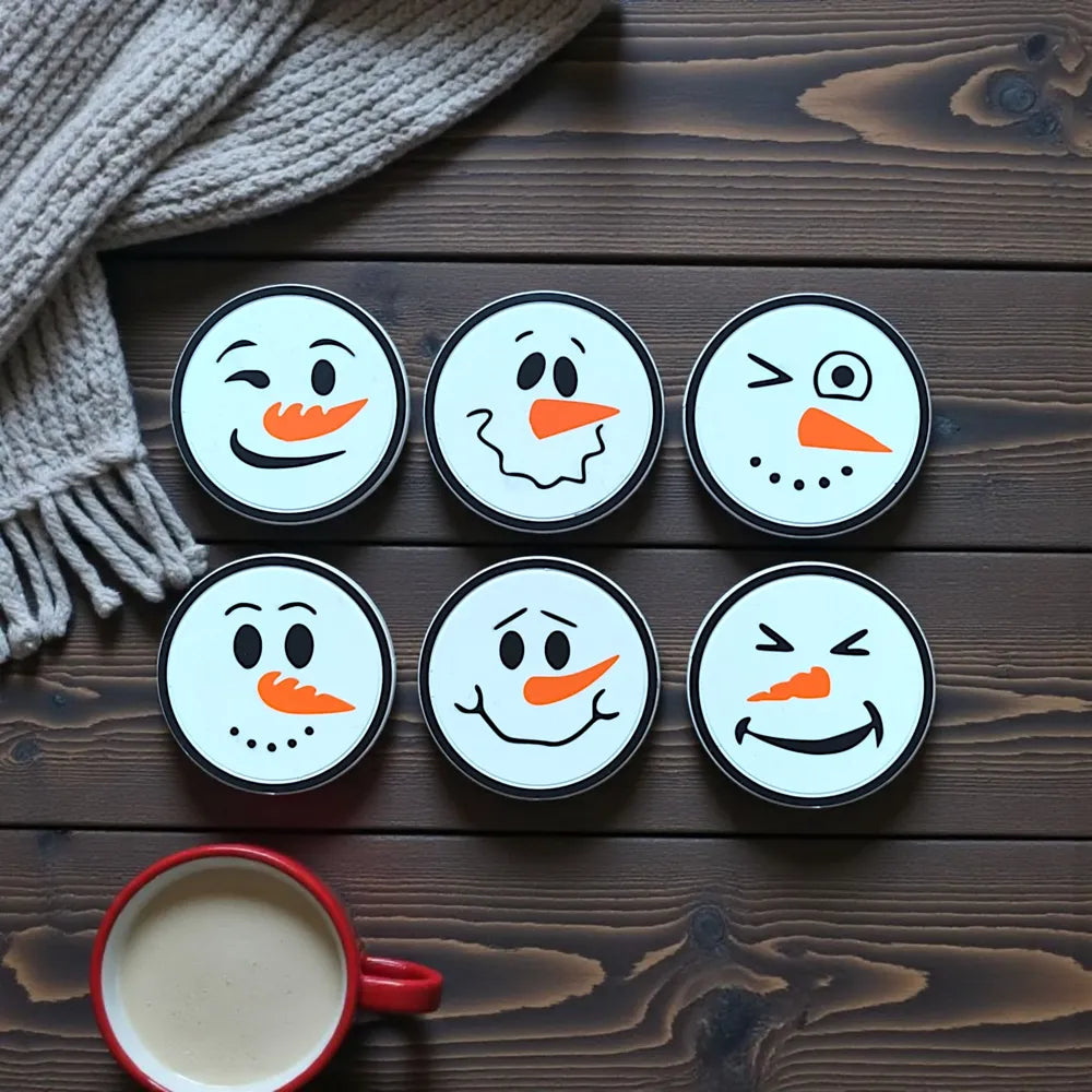 Funny Snowman Coasters With Holder (Six Faces)