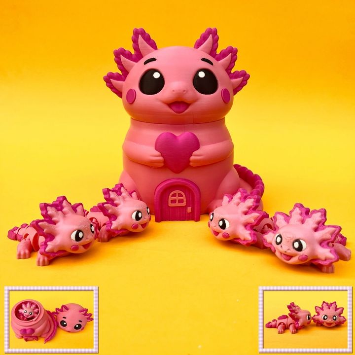 Flexi Axolotl And House Box, Articulated Fidget Aquatic Animal Toy