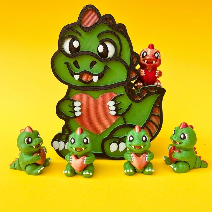 Articulated Fidget Flexi Dinosaur Holding Heart & Dino Storage Box